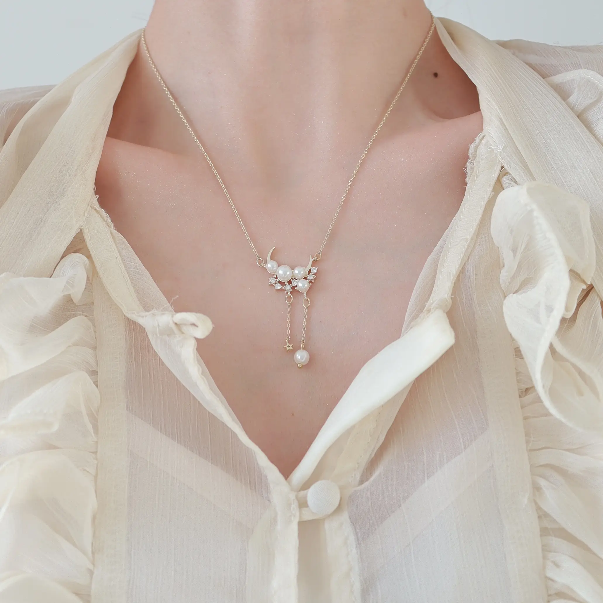 Fashion Simple Moon Tassel Pearl Necklace Earrings