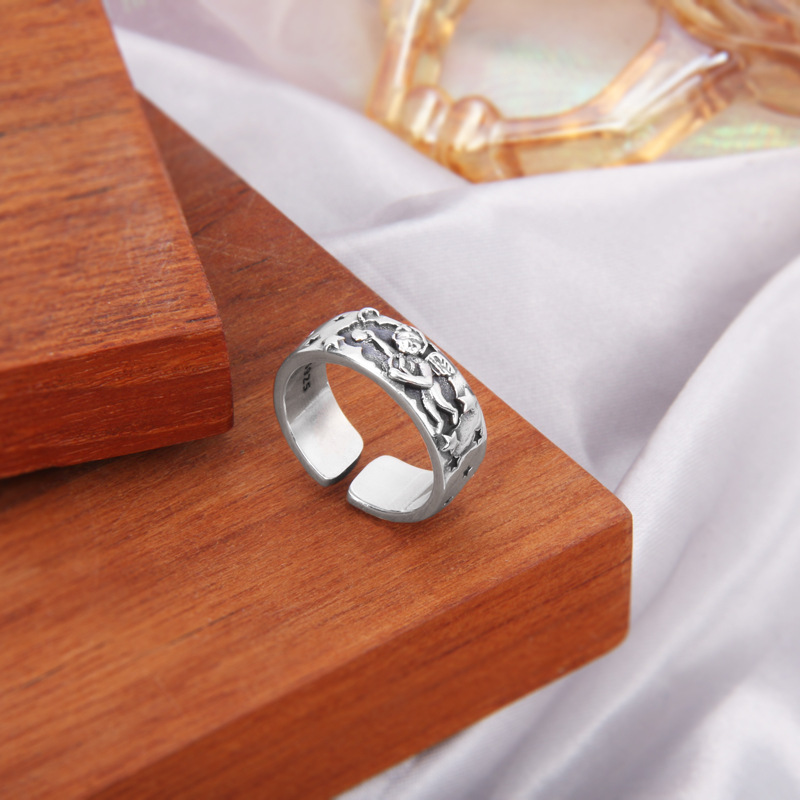S925 Sterling Silver Heart-breaking Little Angel Starry Ring Ins Personality