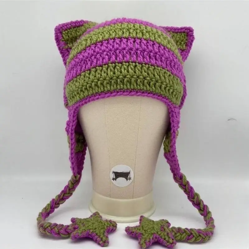 Handmade Knitted Cat Ears Hat With Braid Men's And Women's Autumn And Winter Warm Hat