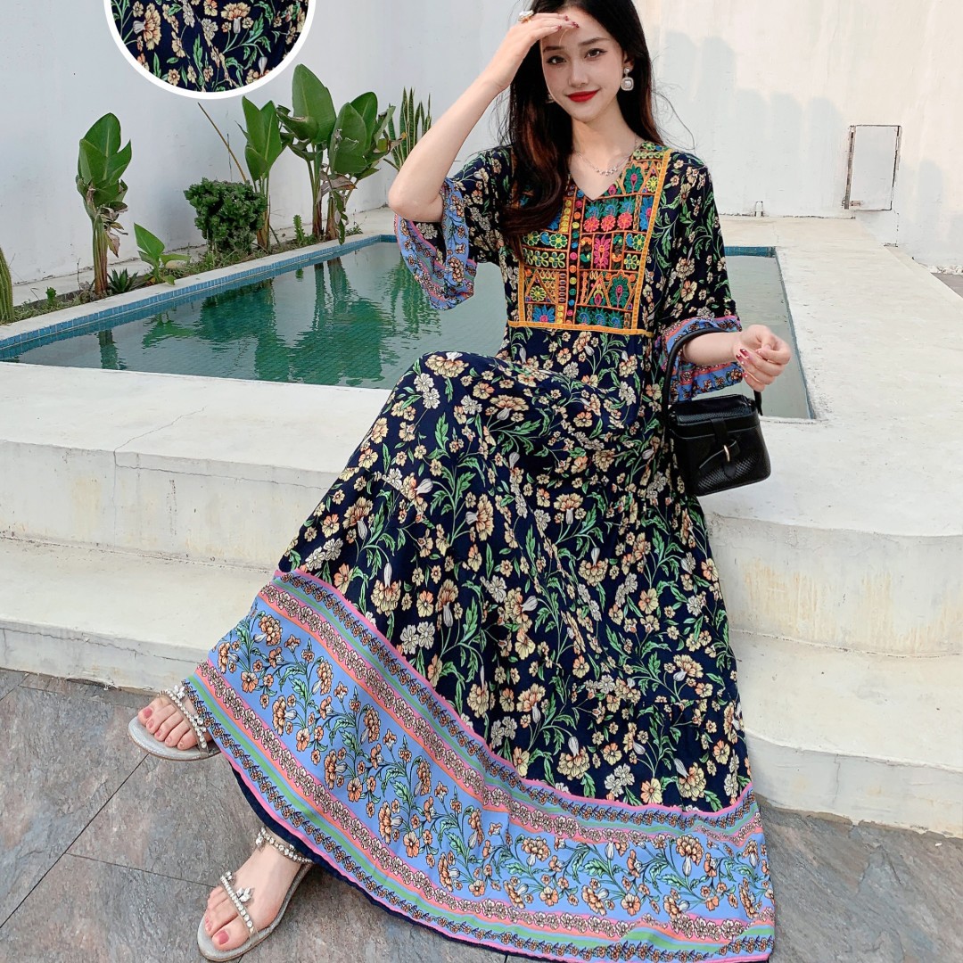 Ethnic Women's Bell Sleeve Dress Rayon