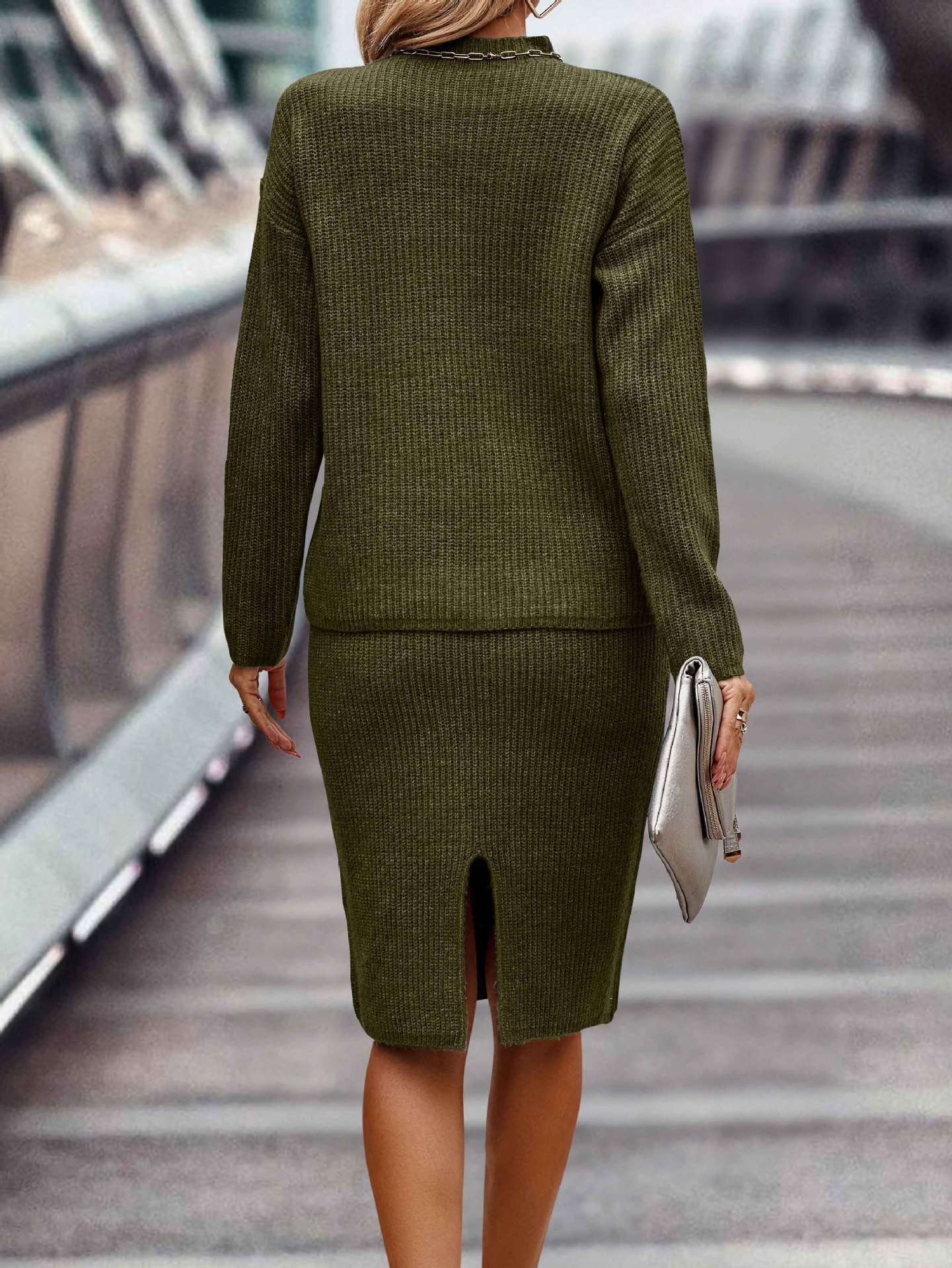 European And American Autumn And Winter Solid Color Long Sleeve Fashion Mock Neck Sweater Women's Suit