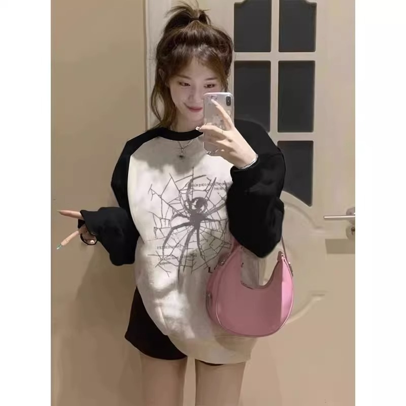 Retro Raglan Long Sleeve Patchwork Sweater Niche Design Loose Contrast Color Thin Top