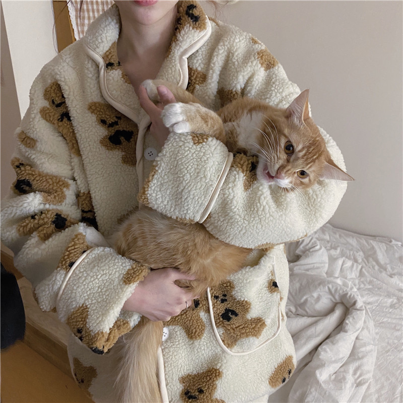 Women's Fashion Simple Bear Double-sided Plush Pajamas Home Wear Suit