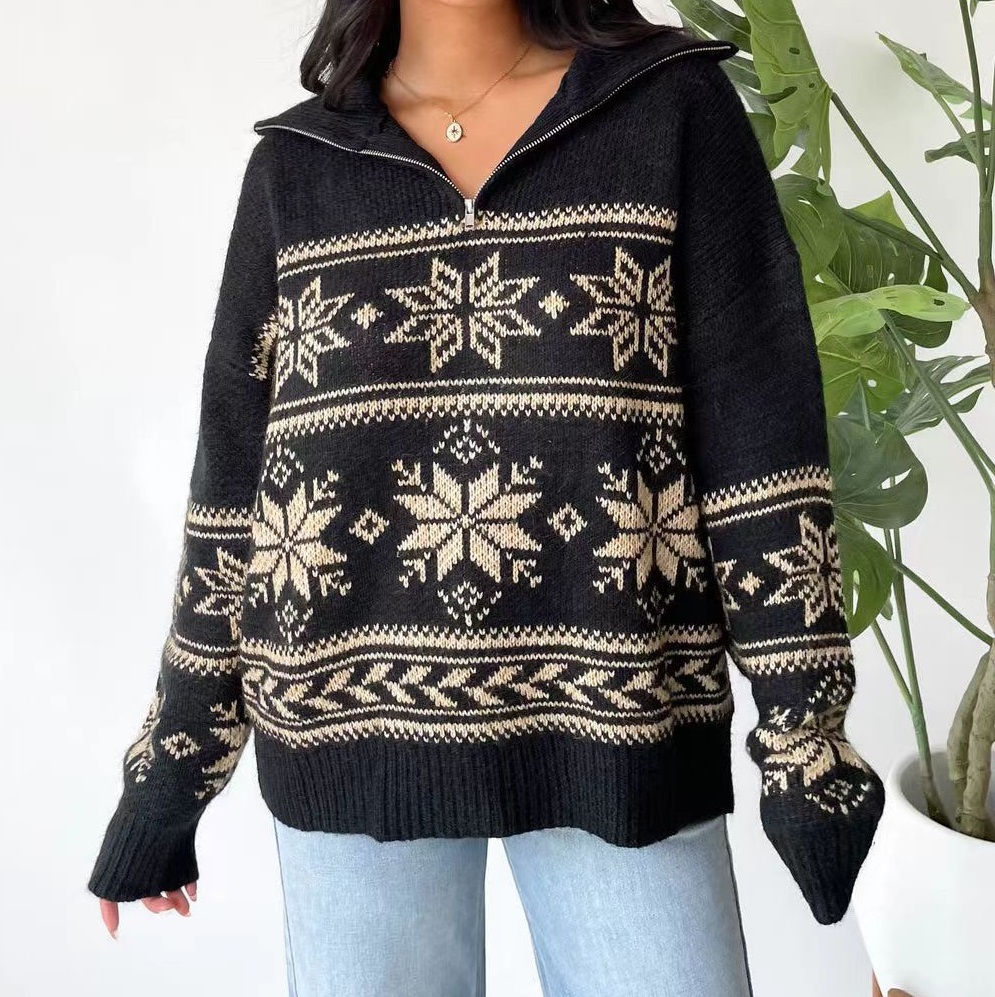 Fashionable And Comfortable Jacquard Weave Zip Long-sleeved Sweater