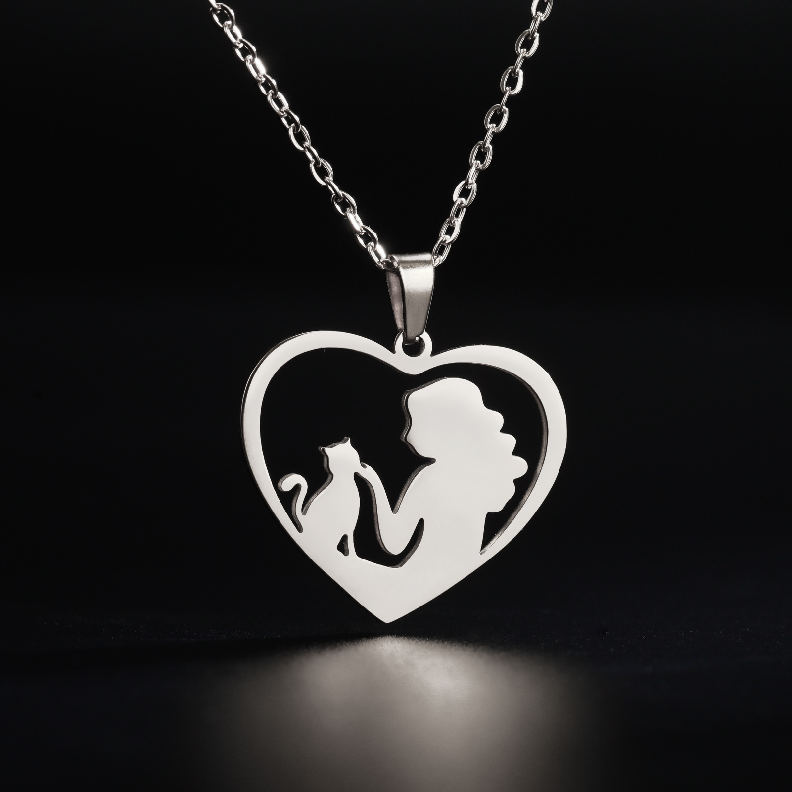 Titanium Steel Cut Hollow Love Girl Cat Pendant Necklace
