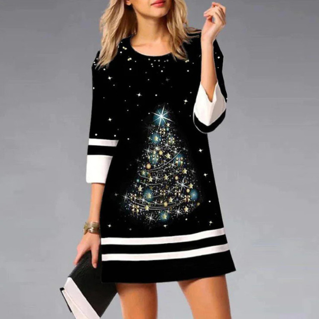 New Women's Christmas Print 34 Sleeve Crew Neck Casual Dress