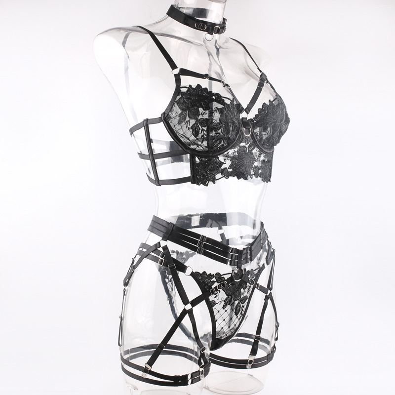 Title 12, Embroidered Black Bra Ribbon Steel Ring Garter ...