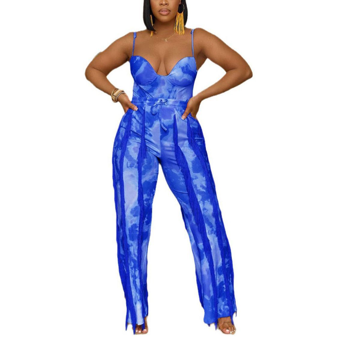 Title 3, Printed Tassel Lace Sling Jumpsuit Two-piece Set