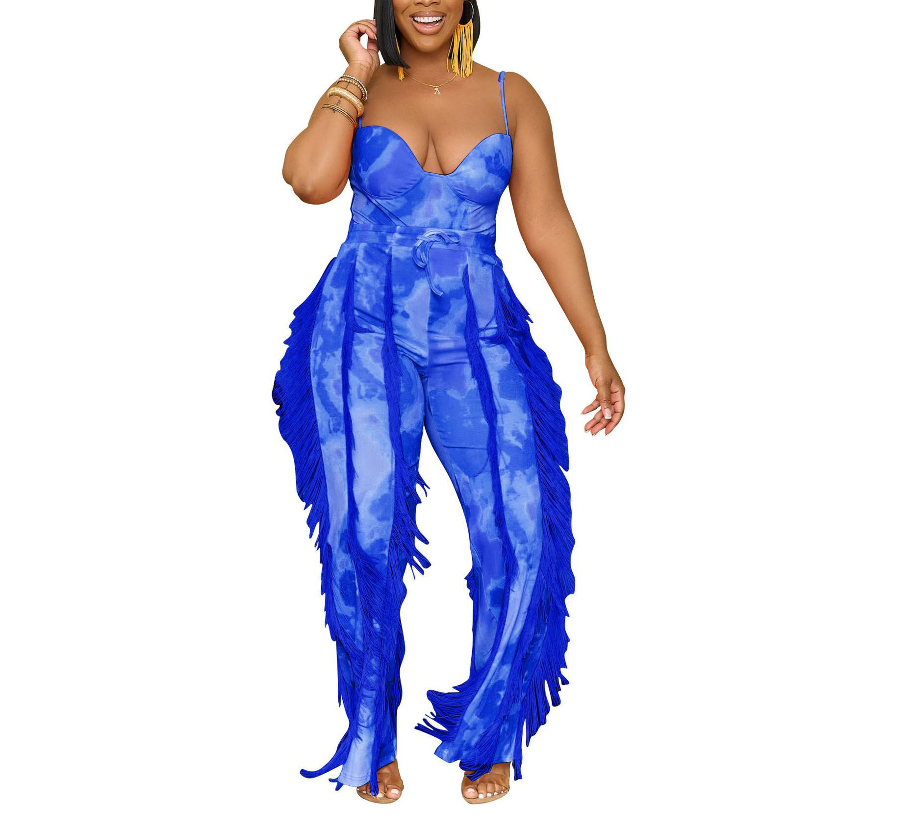 Title 6, Printed Tassel Lace Sling Jumpsuit Two-piece Set