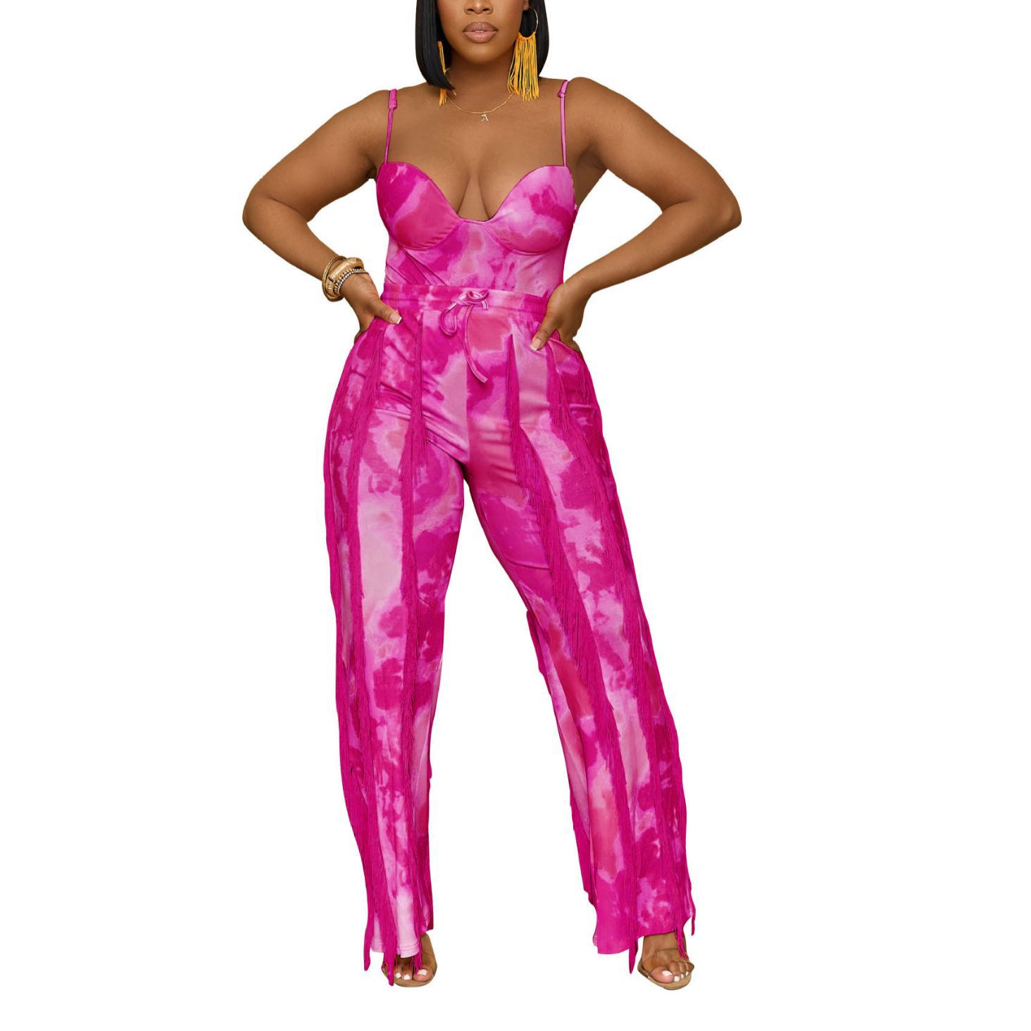 Title 7, Printed Tassel Lace Sling Jumpsuit Two-piece Set