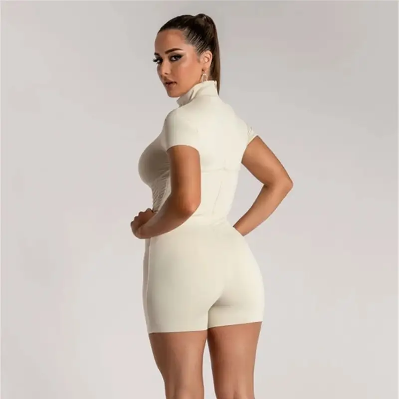 Short Sleeve Jumpsuit Feminine Wrap Bust Round Neck Zip Tights