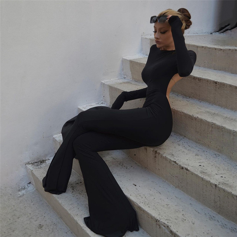 Title 2, Round Neck Long Sleeve Slim Fit Backless Jumpsuit