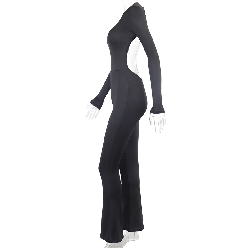 Title 6, Round Neck Long Sleeve Slim Fit Backless Jumpsuit