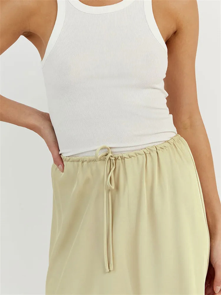 Solid Color High Waist Loose Lace-up Slim Skirt