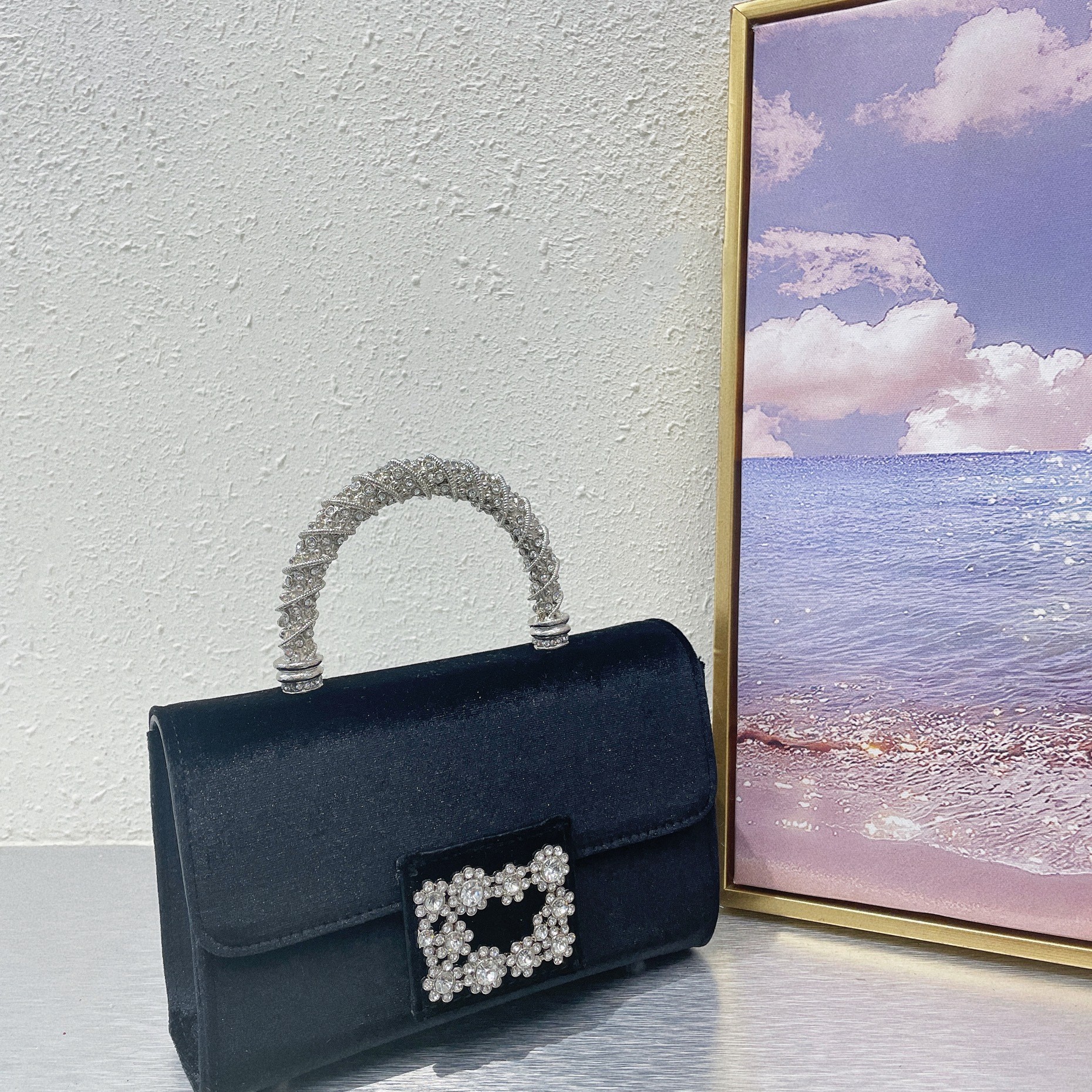 French Retro Shiny Rhinestone Flower Small Square Bag — foto 2