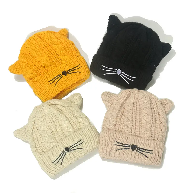 Cute Face-looking Velvet-padded Small Thick Cat Knitted Hat Woolen Cap Female