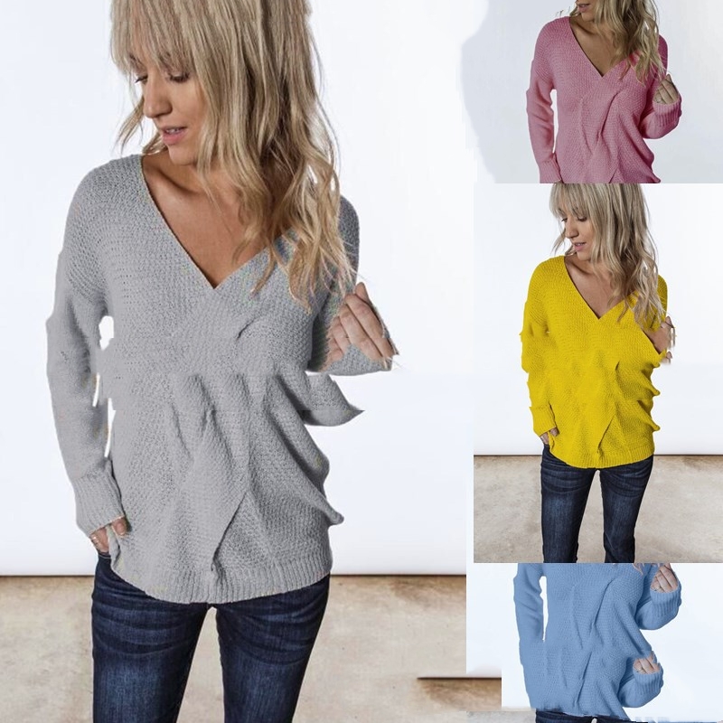 V-neck Casual Twist Patchwork Knitting Top