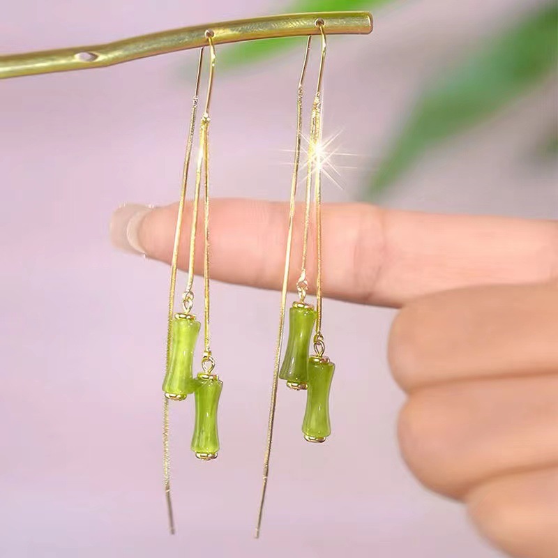 Chinese Style Green Bamboo Joint Chinese Style Tassel Earrings