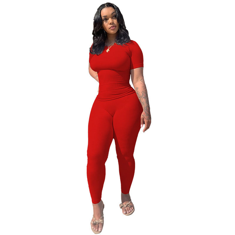 Solid Color Slim-fit Short-sleeved High Waist Tight Trousers Casual Suit