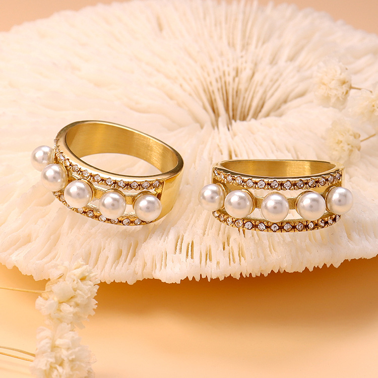 Stainless Steel Pearl Diamond Ring Korean Style