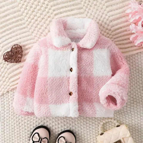 Children Girls' Autumn and Winter Lapel Plaid Single-breasted Long