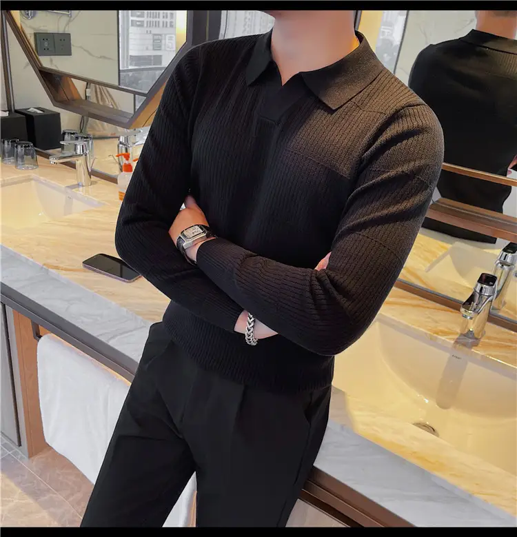 Men's Korean-style Knitted Sweater White Boy's Undershirt Texture Slim Lapel Sweater