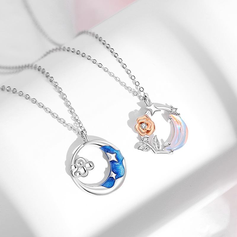 Men's And Women's Fashion Star And Moon Rose Sterling Silver Clavicle Chain