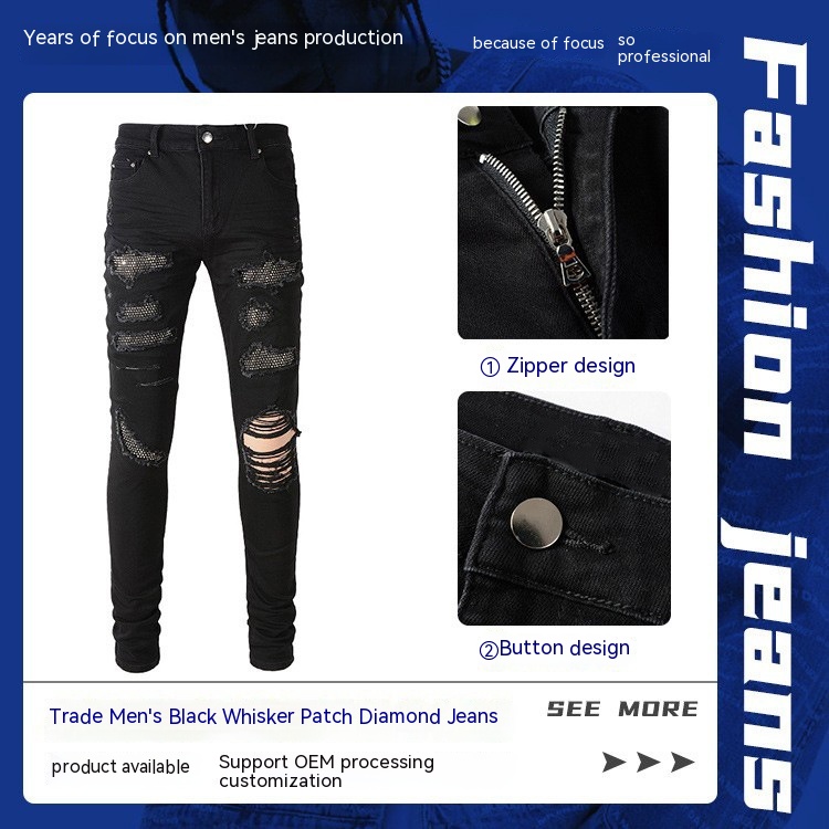 Men's Jeans Black Cat Beard Stick-on Crystals Jeans Youth Slim Fit Skinny Pants