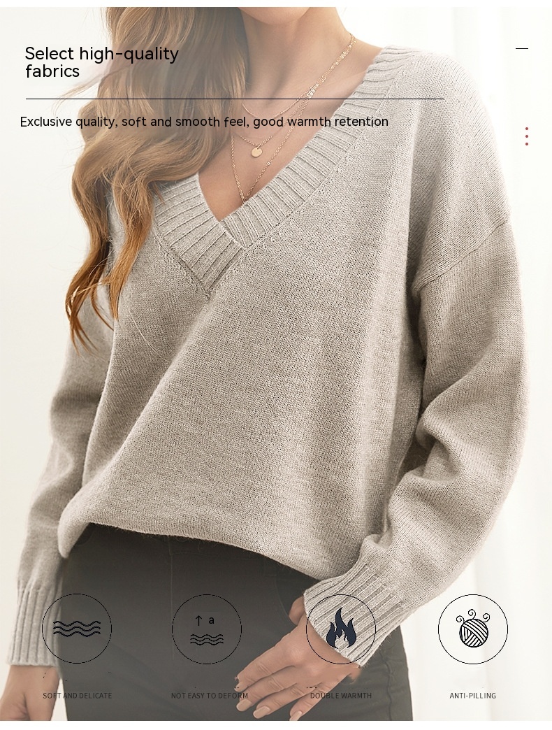 Soft V-neck sweater – relaxed fit pullover styled with jeans and boots