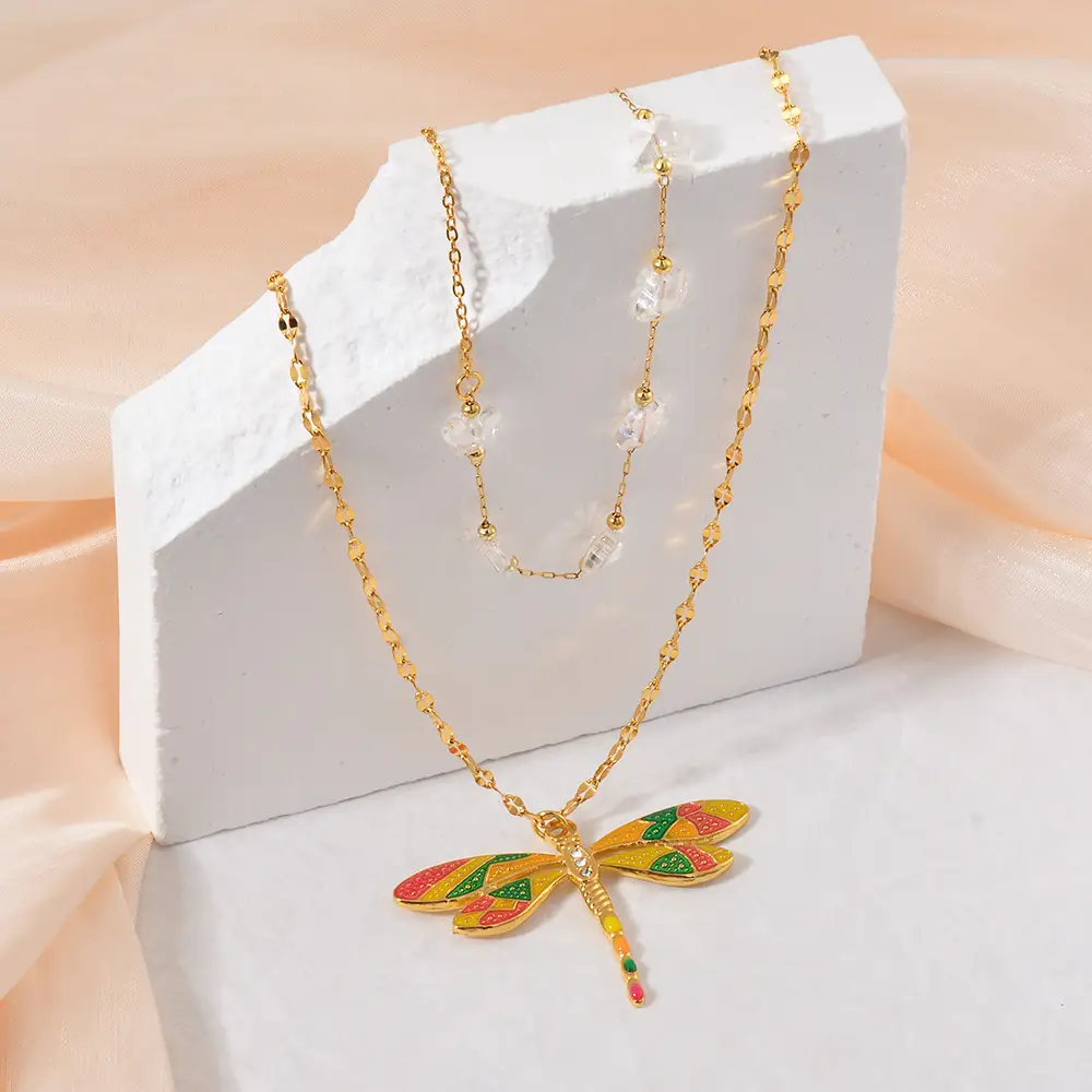Colorful Dragonfly Pendant Gold Beaded Titanium Steel Women's Double-layer Necklace