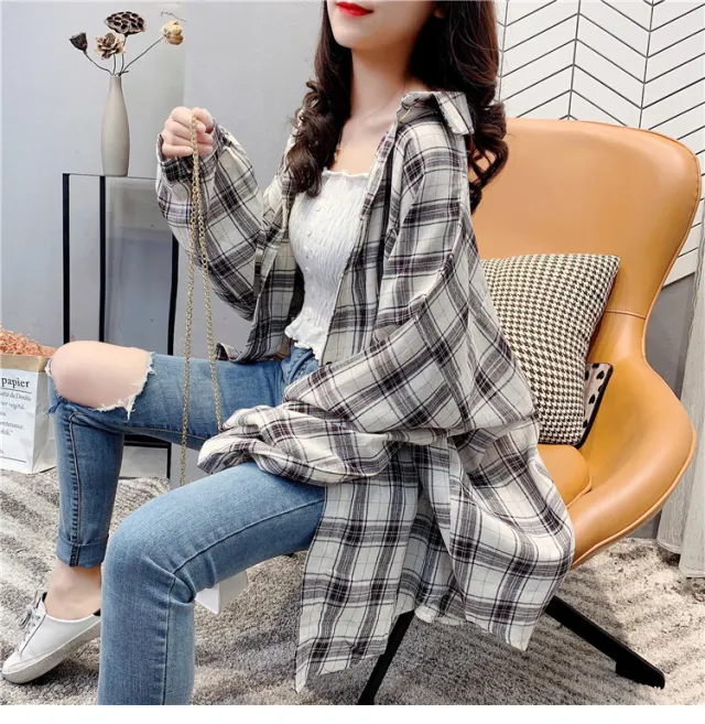 Women's Spring And Summer Plaid Shirt Coat White - Shop at LoveMi