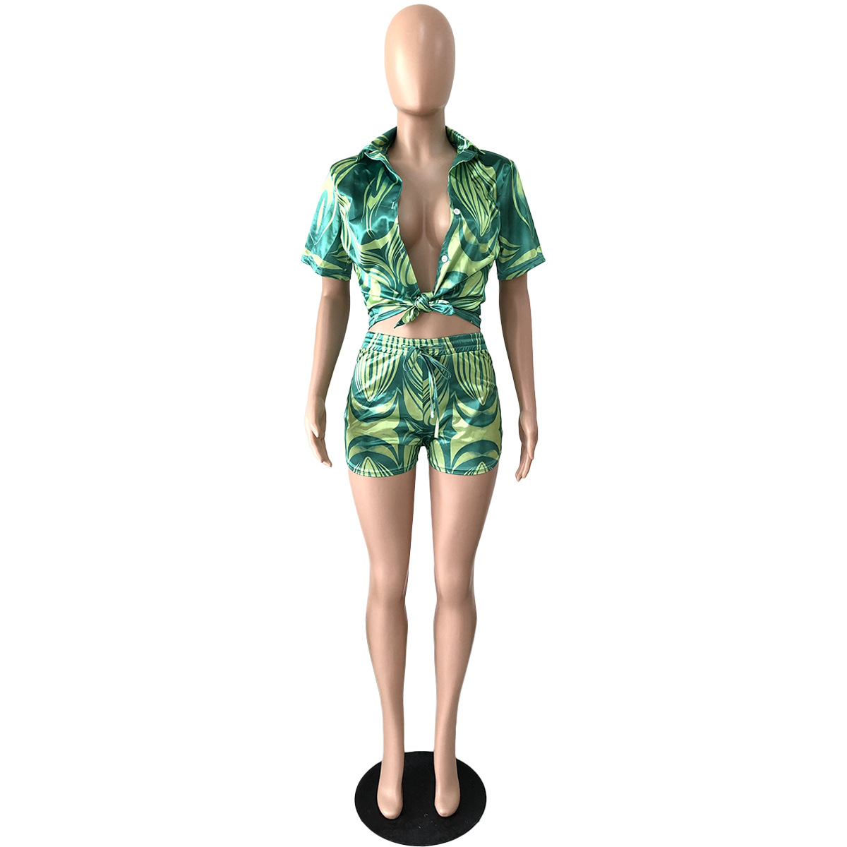 Title 8, Summer Stretch Satin Printed Shirt Short Two-pi...