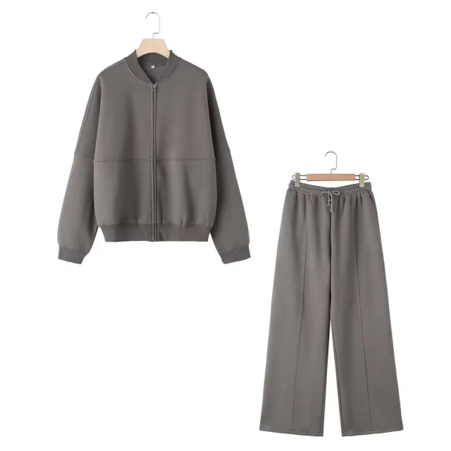Zipper Bomber Jacket Coat Sweater Loose High Waist Flannel Pants Gray Set - Shop at LoveMi