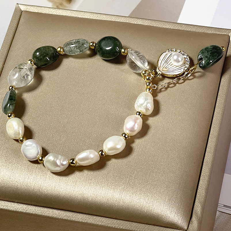 Natural Crystal Bracelet Beads Green Quartz Rutilated Original Design Women's Korean-style Pearl Bracelet