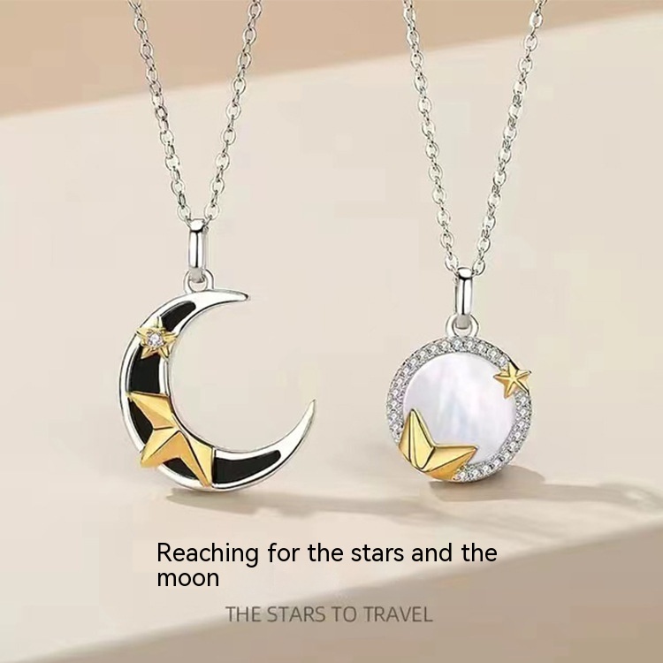 Men's And Women's Silver Star Picking Moon Couple Necklace