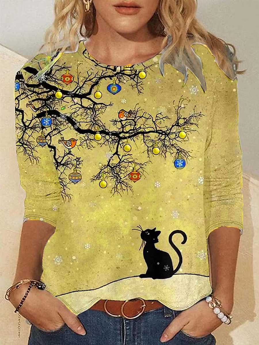 Women's Fashion 3D Printed Round Neck Abstract Long Sleeve