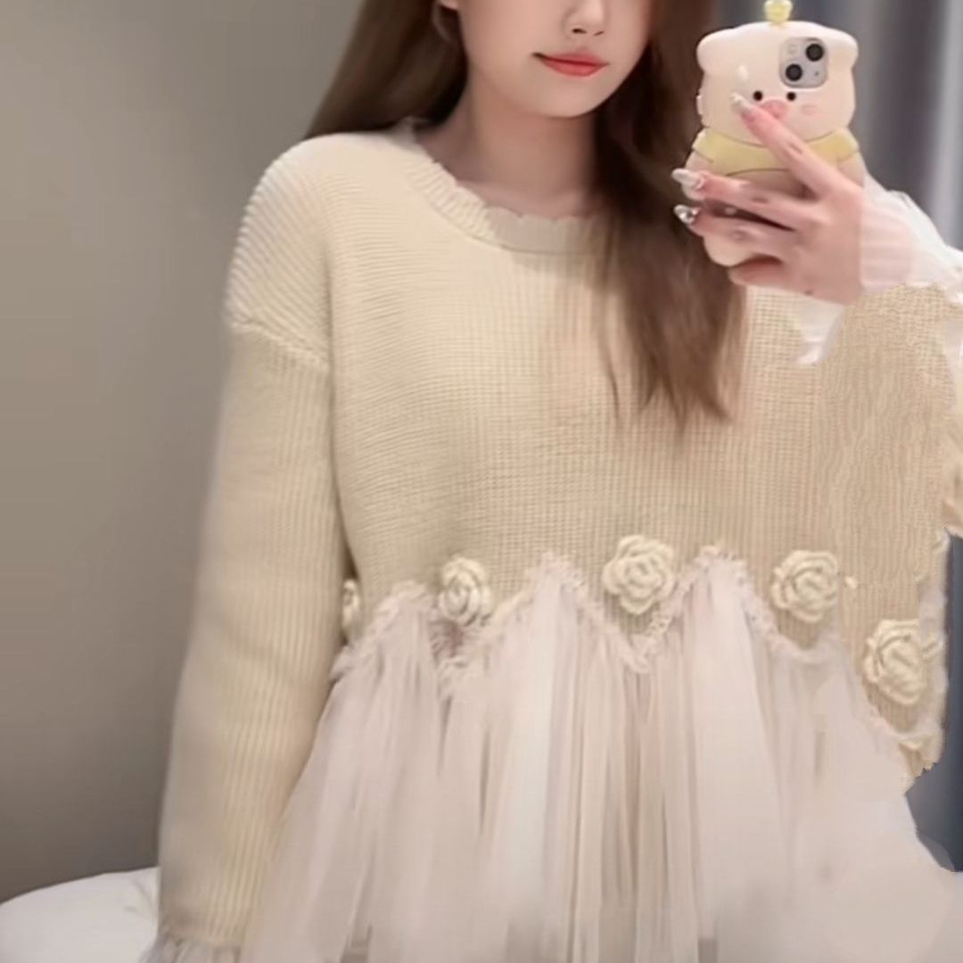 Women's Fashion Sweet Mesh Patchwork Knit Sweater