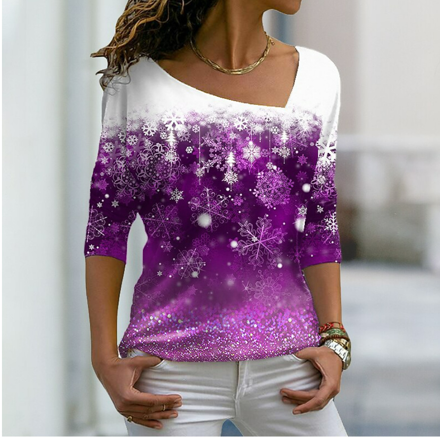 Christmas Element Printed Long Sleeve Diagonal Collar Pullover Women's T-shirt