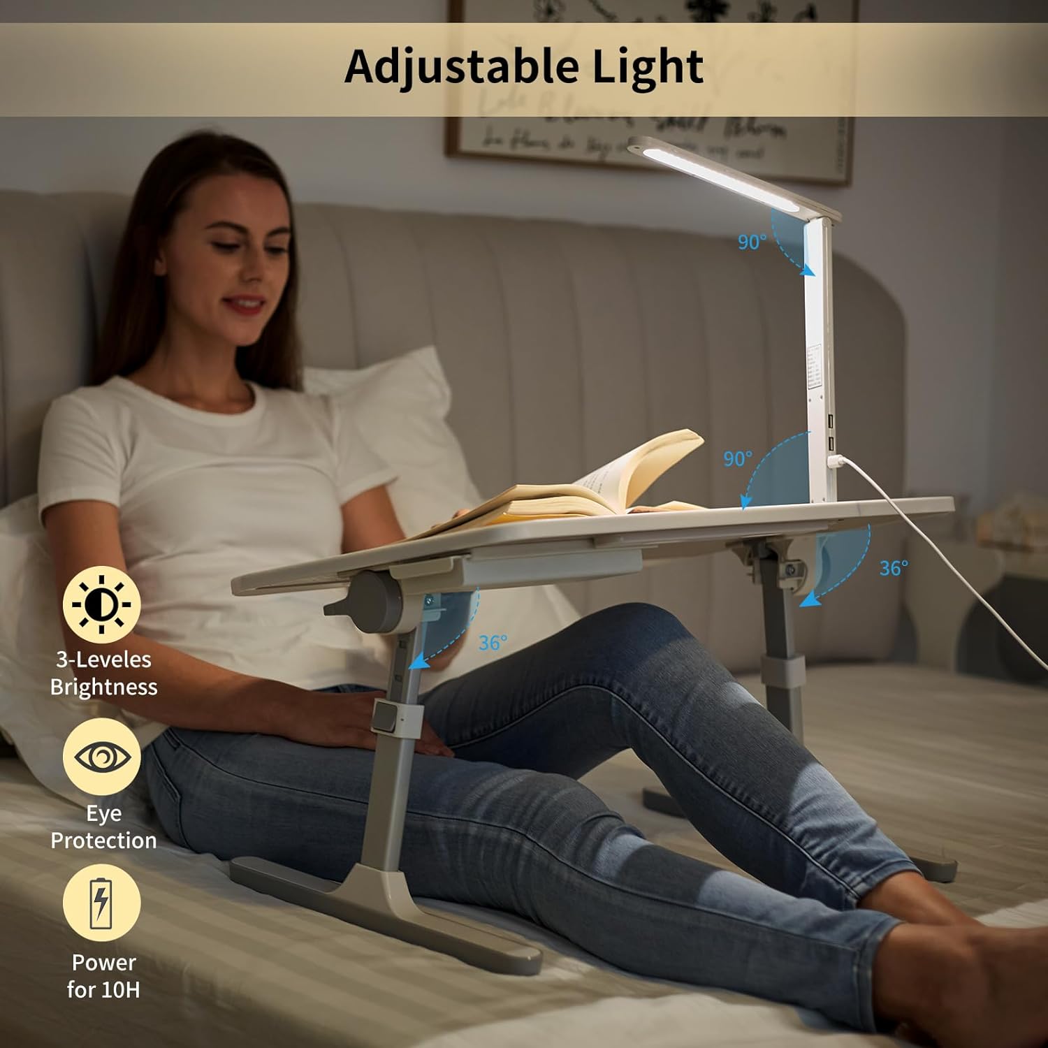 lap desk for laptop with LED light and drawer, portable bed table desk, adjustable laptop stand for bed, sofa, study, reading