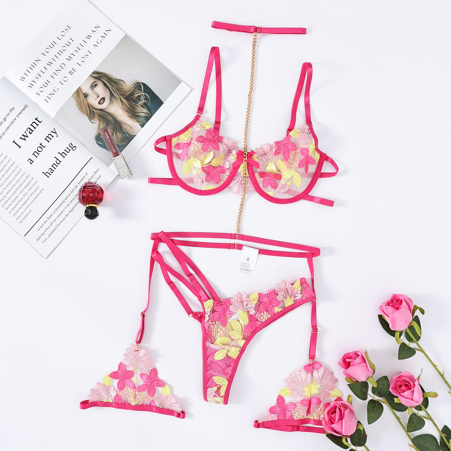 Lace Embroidery Floral Embroidery Mesh Thin Emotion Three-piece Set