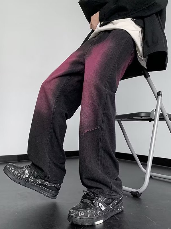 High Street Gradient Denim Youth Handsome Trendy Straight Casual Pants
