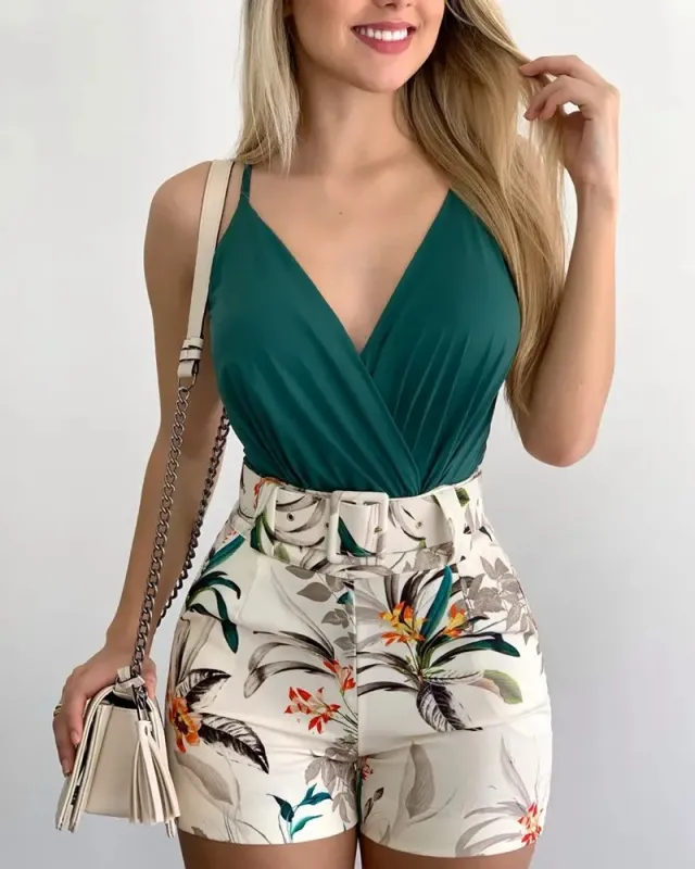 V neck Halter Vest Printed Shorts Suit With Belt Green - Shop at LoveMi