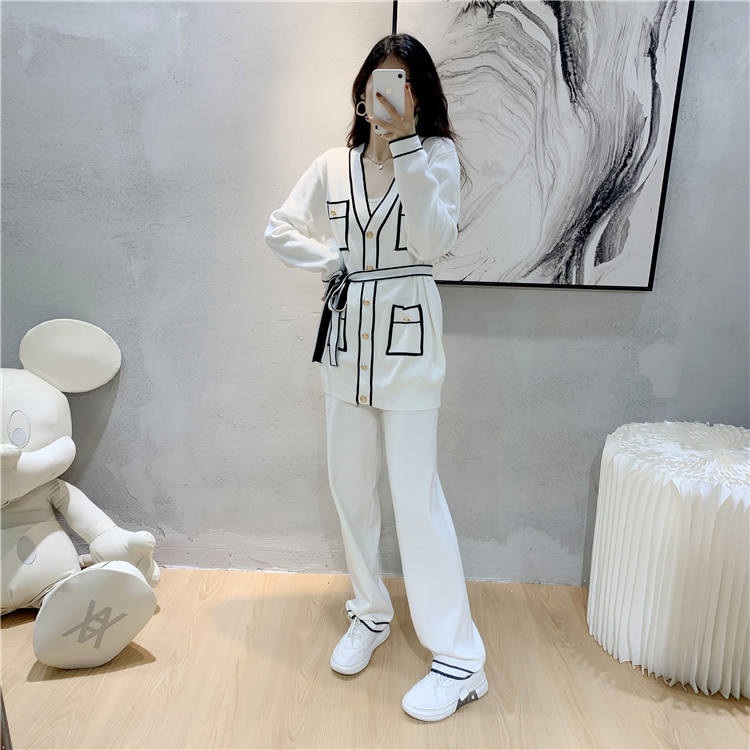 Title 12, Winter Knitted Cardigan Wide-leg Pants Suit Wom...