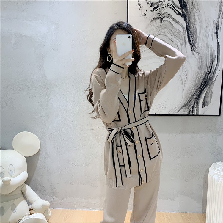 Title 19, Winter Knitted Cardigan Wide-leg Pants Suit Wom...