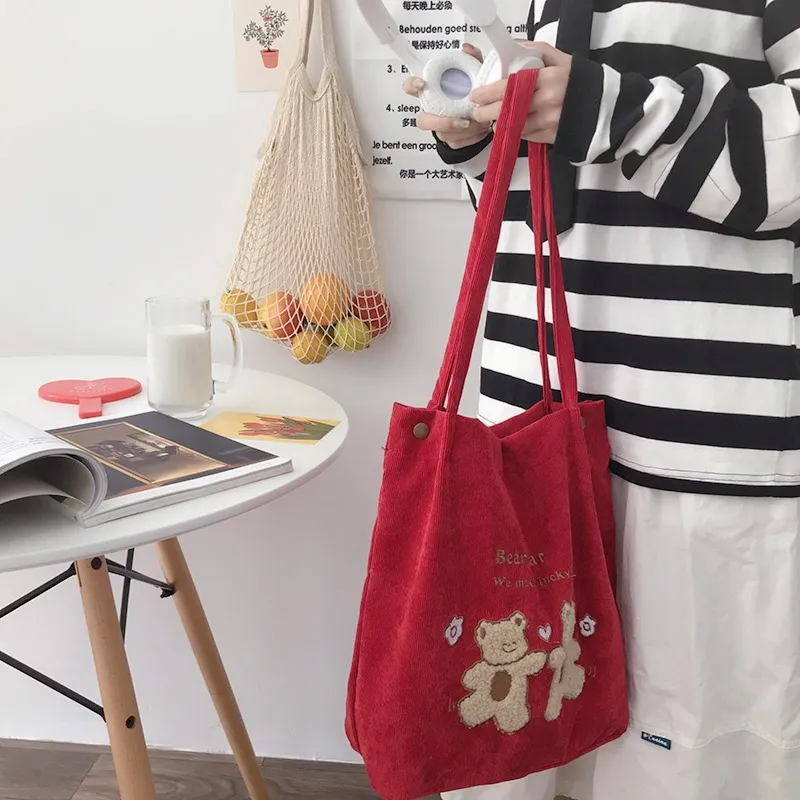 Women Corduroy Shoulder Bag Lucky Bears Embroidery Striped Canvas Handbag Eco Cloth Tote Cute Soft Shopping Bags For Ladies - Red