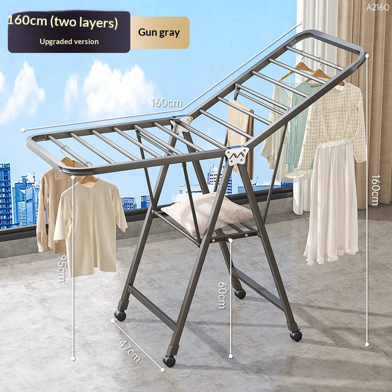 1.6-meter Gun Gray - Double-layer Air DryingFolding Clothes Rack Balcony Household Movable Indoor Clothes Rack Multifunctional Blanket Drying Tool Floor Drying Rack 4