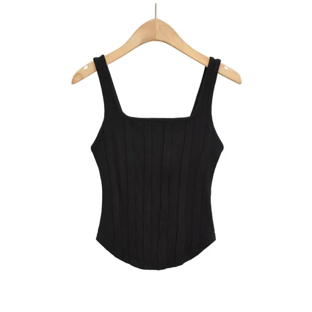 Slim Fit Striped Square Neck Solid Color Sleeveless Tank Top Black - Shop at LoveMi