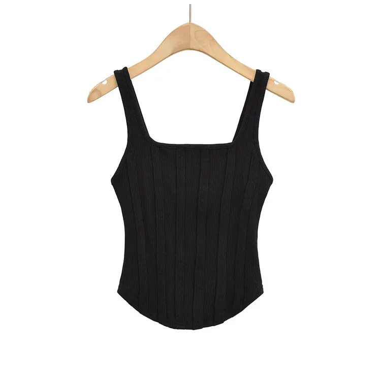 Slim Fit Striped Square Neck Solid Color Sleeveless Tank Top - Black