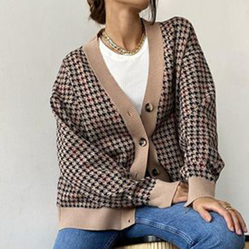 Women's Houndstooth Knit Sweater Loose Top Jacket