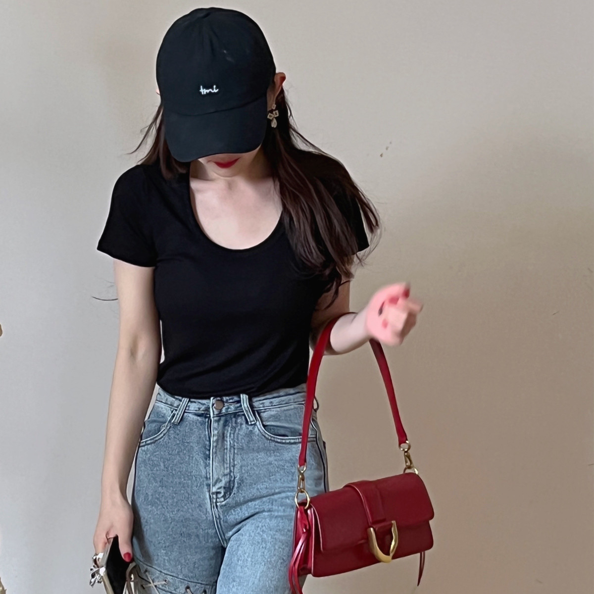 Threaded Cotton Short  T-Shirt Versatile Round Neck Half Sleeve Top